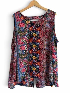 Cupio Multicolor Floral Paisley Sleeveless Cut-out Back Slit Blouse 2X